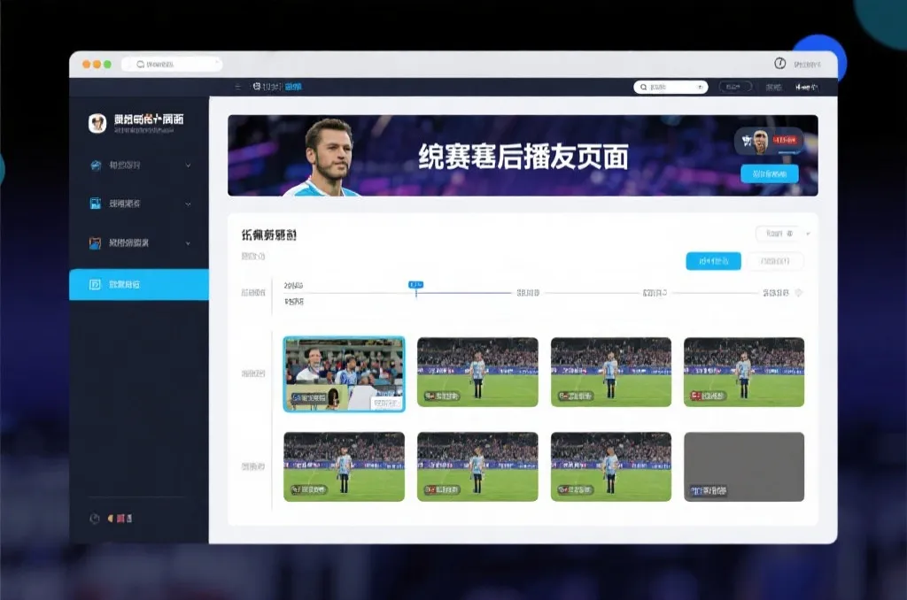 比赛结束后，电视屏幕展示集锦回放页面，旁边有时间轴和多角度切换提示